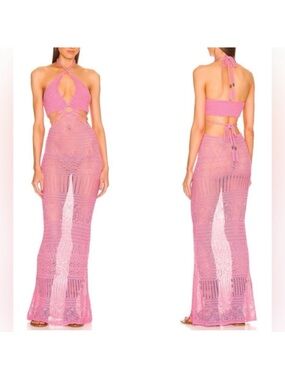 DUNDAS X REVOLVE Maia Maxi Dress in Pink Crochet Halter Small
